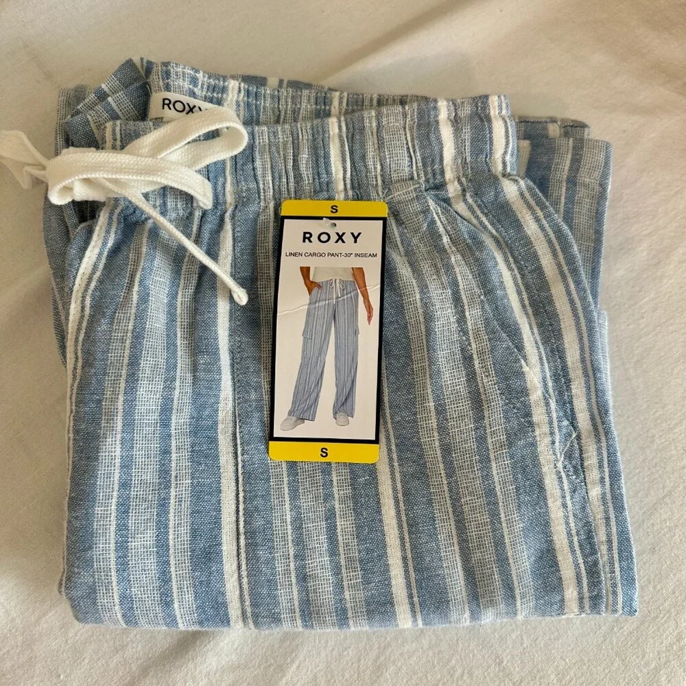 Roxy Women's Linen Blend Cargo Pant Size S Blue Cottagecore Coastal Boho (NEW) - Picture 14 of 15